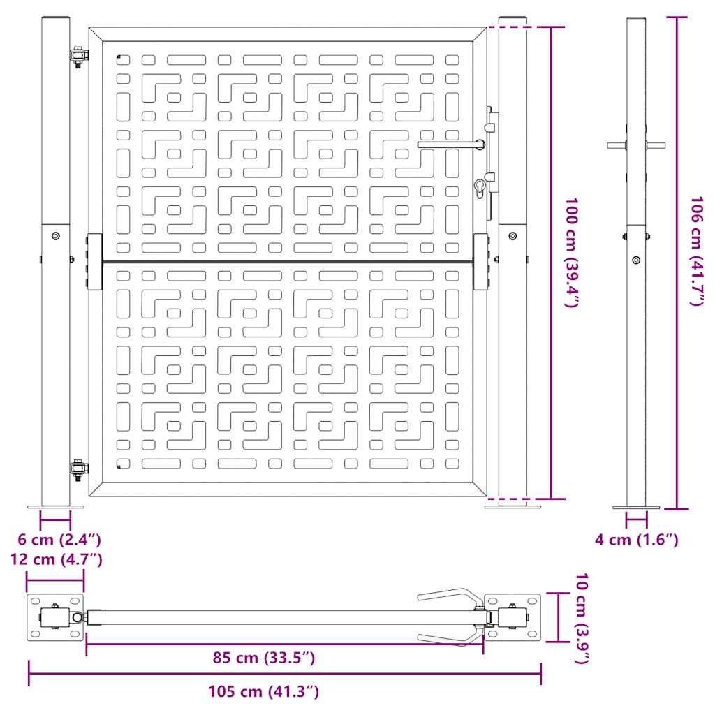 Gartentor Schwarz 105x106 cm Stahl Kreuz-Design