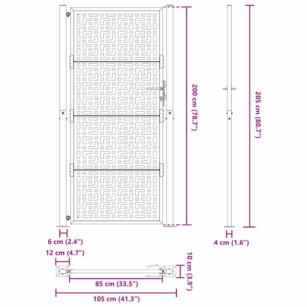 Gartentor Schwarz 105x205 cm Stahl Kreuz-Design
