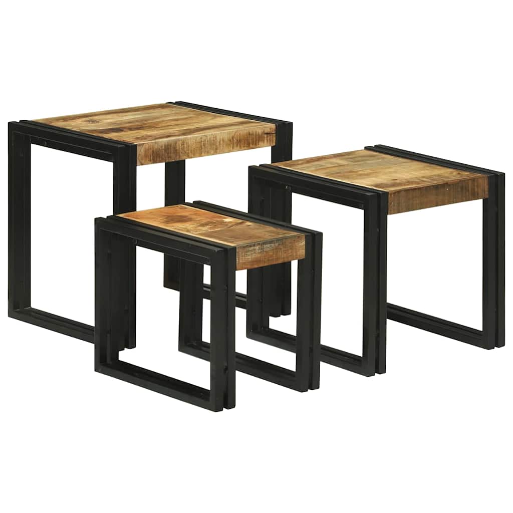 Nestingtisch 3 pcs Braun und Schwarz Raues Mango-Massivholz