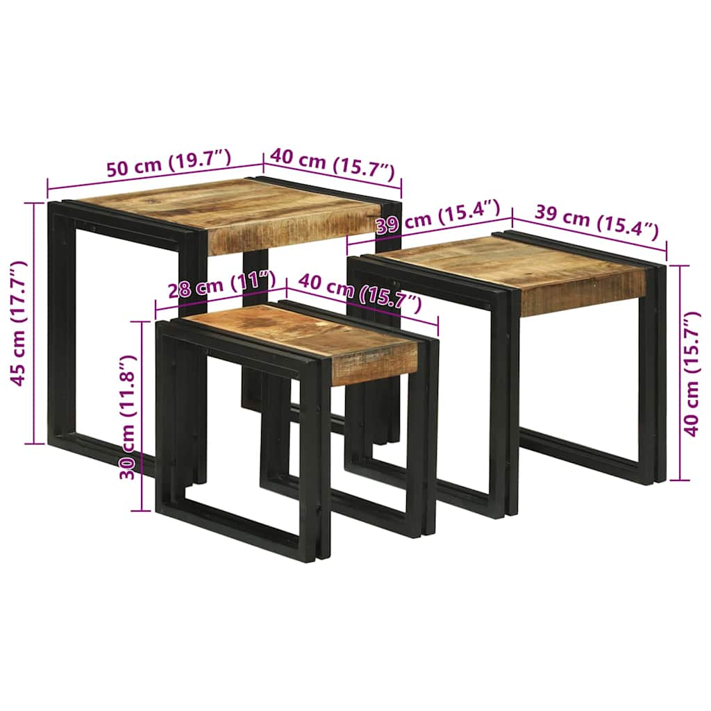 Nestingtisch 3 pcs Braun und Schwarz Raues Mango-Massivholz