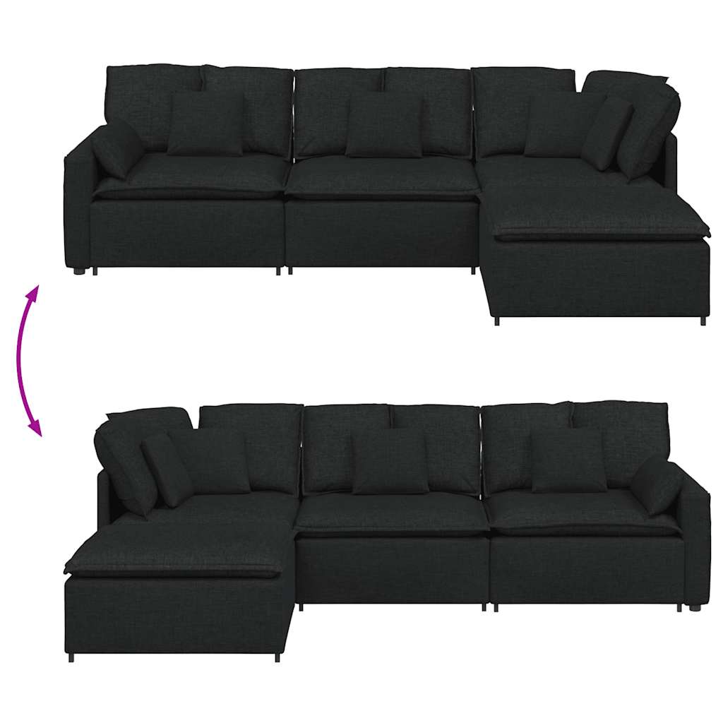 Modulares Sofa mit Fußhocker Kissen Stoff Schwarz