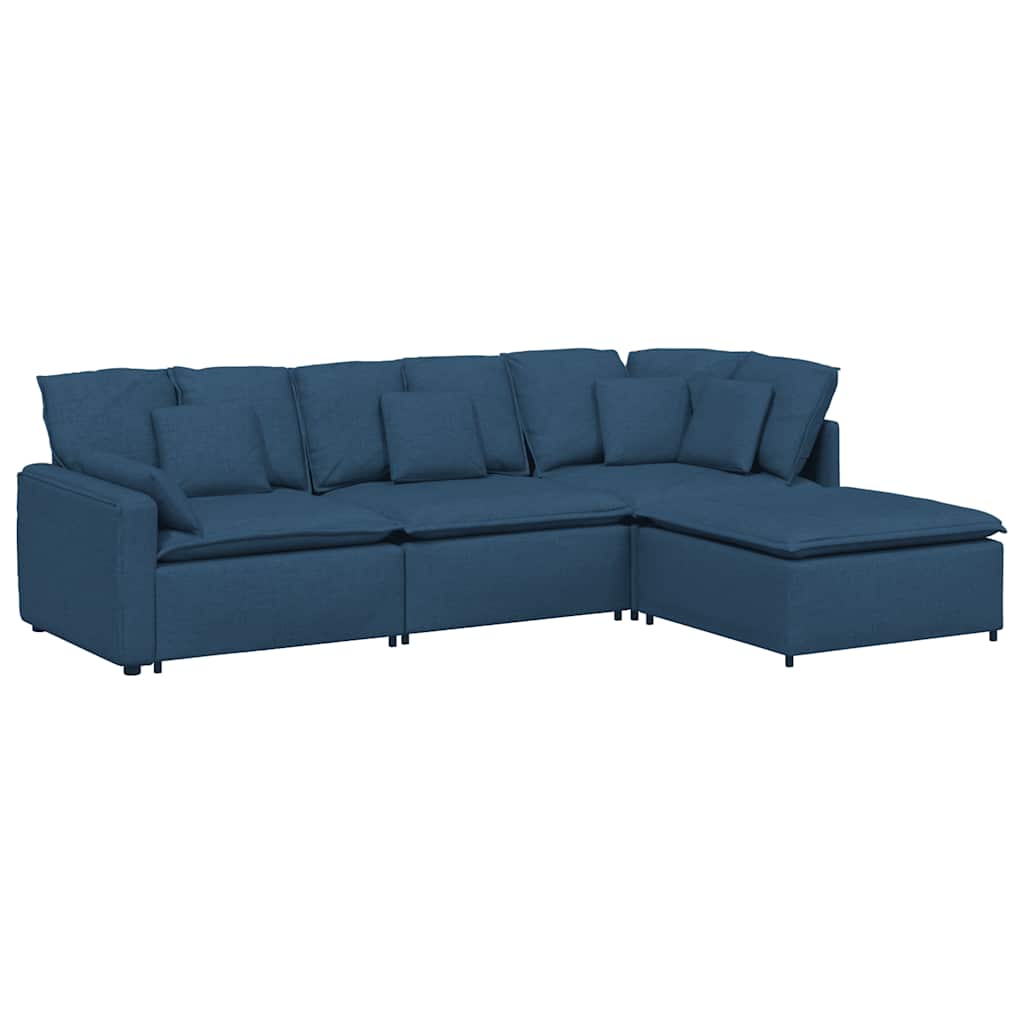 Modulares Sofa mit Fußhocker Kissen Stoff Blau