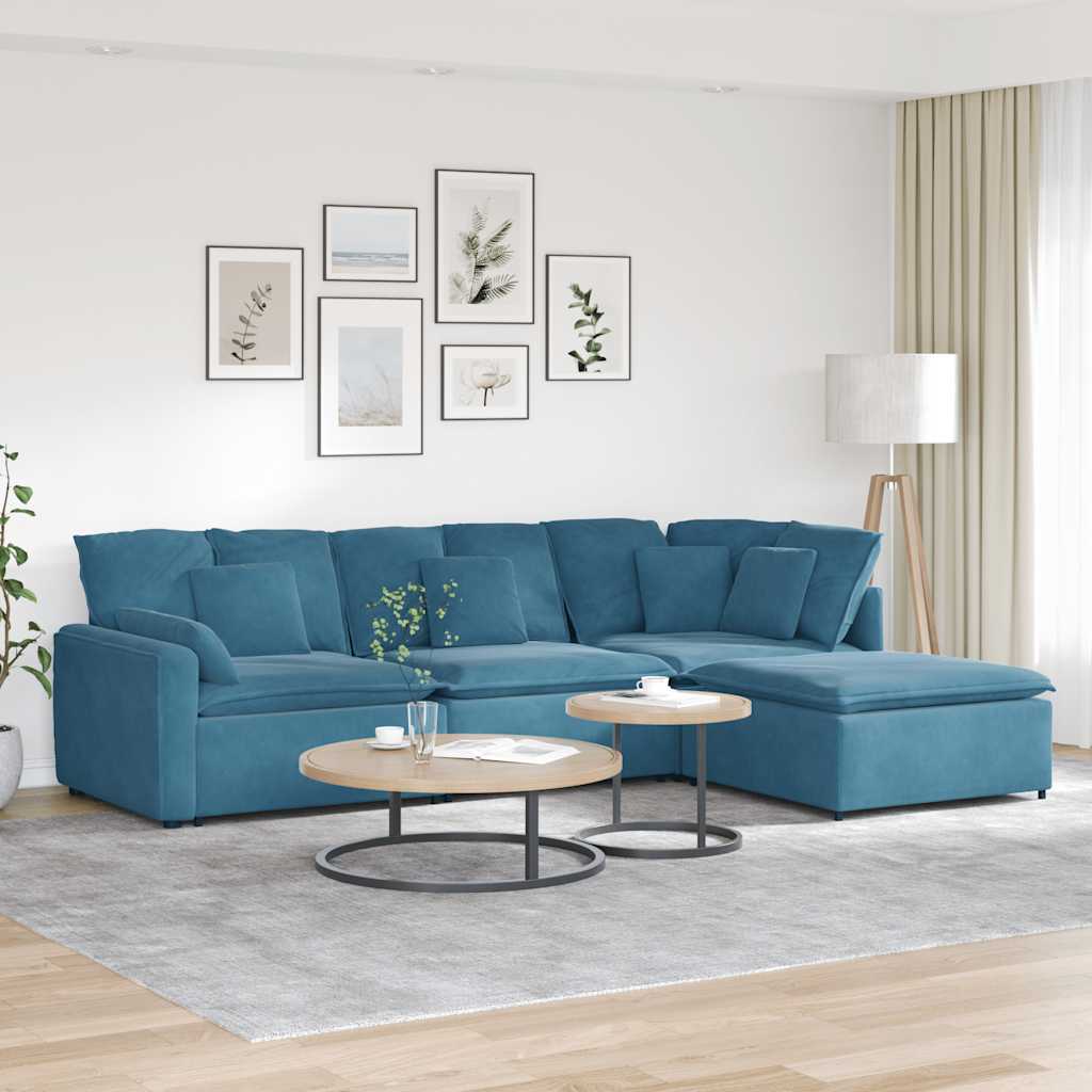 Modulares Sofa mit Fußhocker Kissen Samt Blau