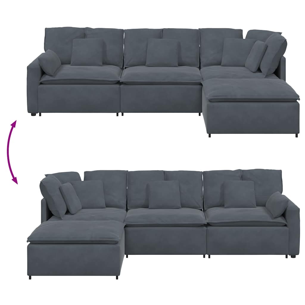 Modulares Sofa mit Fußhocker Kissen Samt Dunkelgrau