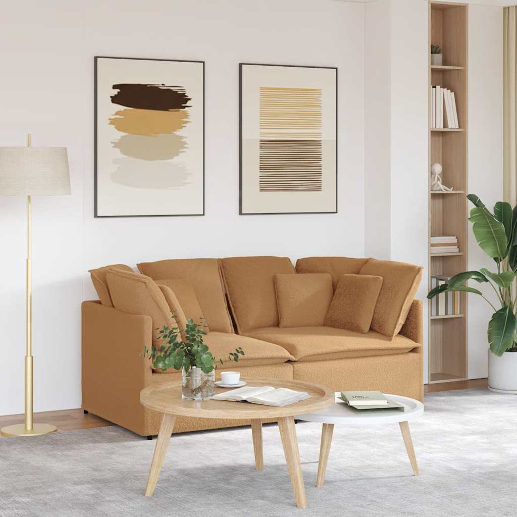 Modular sofa with cushions in beige lambswool look fabric