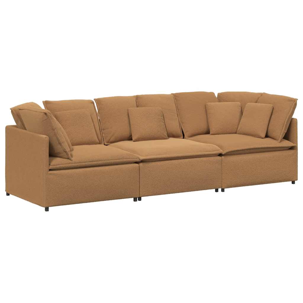 Modular sofa with cushions in beige lambswool look fabric