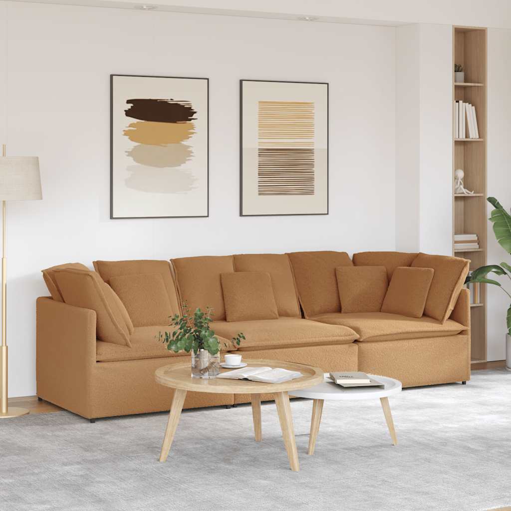 Modular sofa with cushions in beige lambswool look fabric