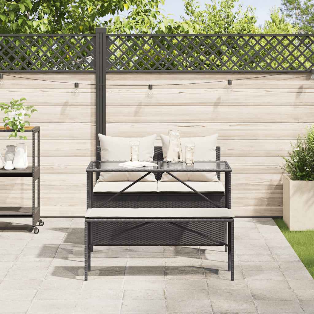 3-piece garden dining set with cushions black poly rattan
