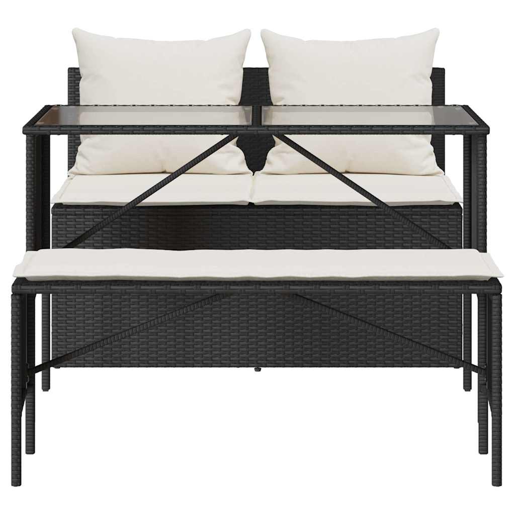 3-piece garden dining set with cushions black poly rattan