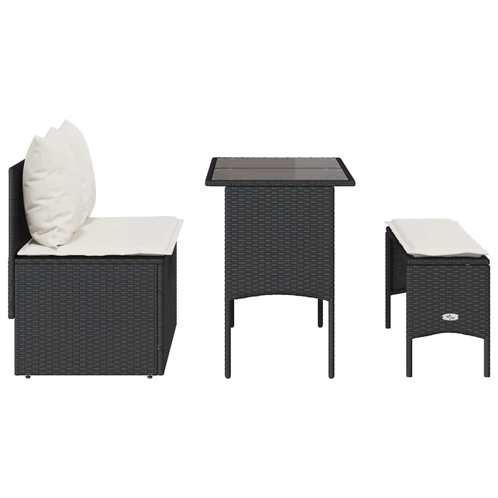 3-piece garden dining set with cushions black poly rattan