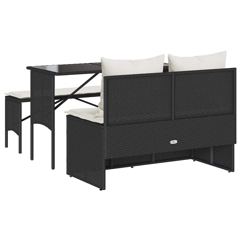 3-piece garden dining set with cushions black poly rattan