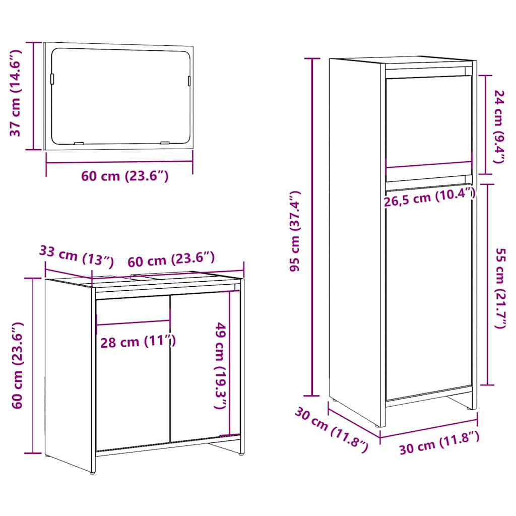 3-piece bathroom furniture set concrete grey wood-based material