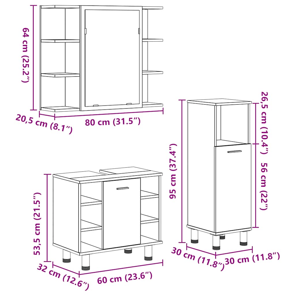 3-piece bathroom furniture set concrete grey wood-based material