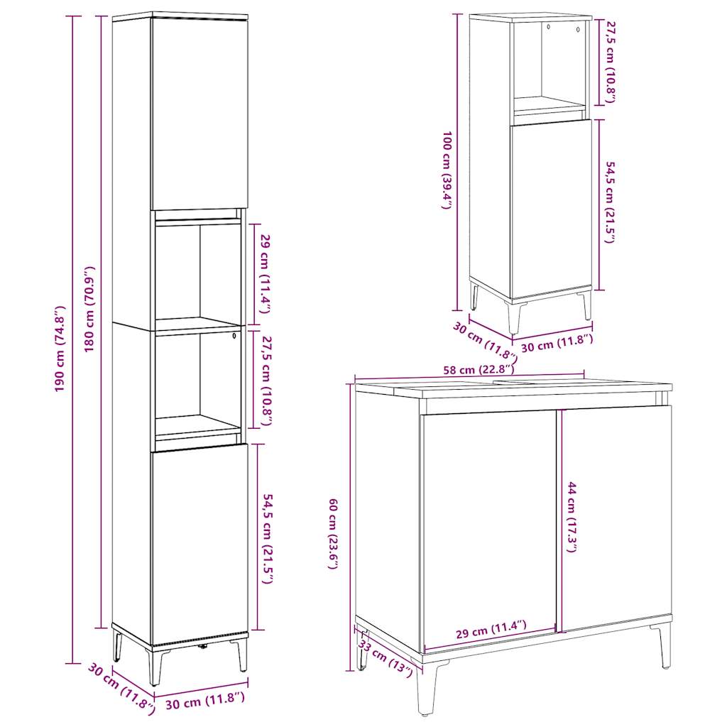 3-piece bathroom furniture set concrete grey wood-based material