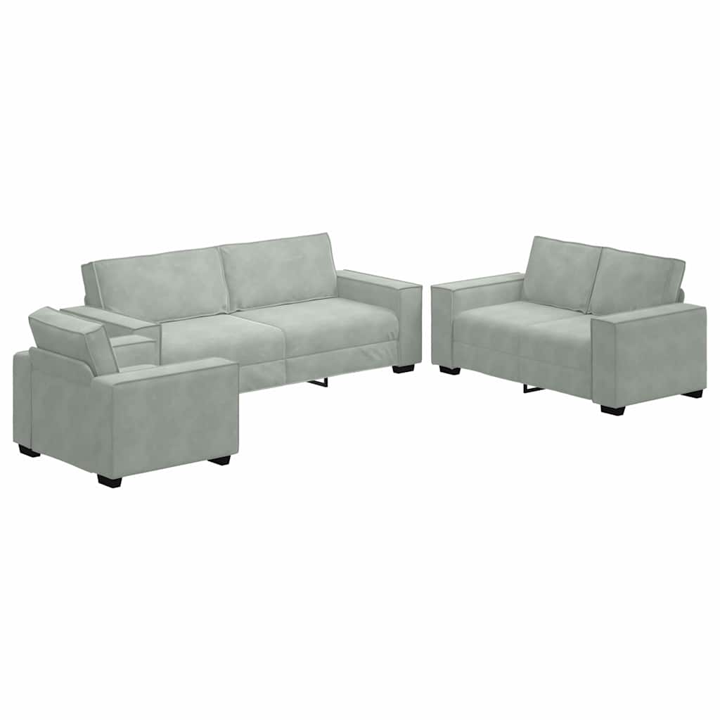 3-piece sofa set with cushions in light grey velvet