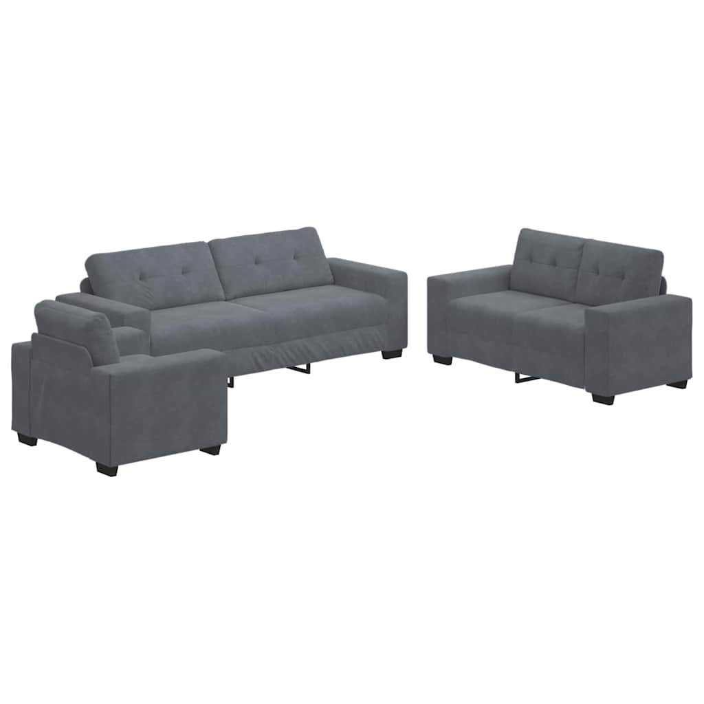 3-piece sofa set with cushions, dark grey velvet