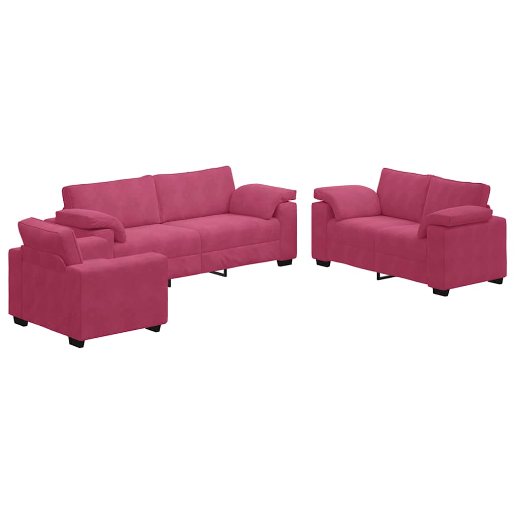 3-piece sofa set with cushions wine red velvet
