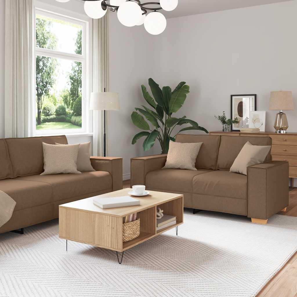 2-piece sofa set with cushions brown fabric