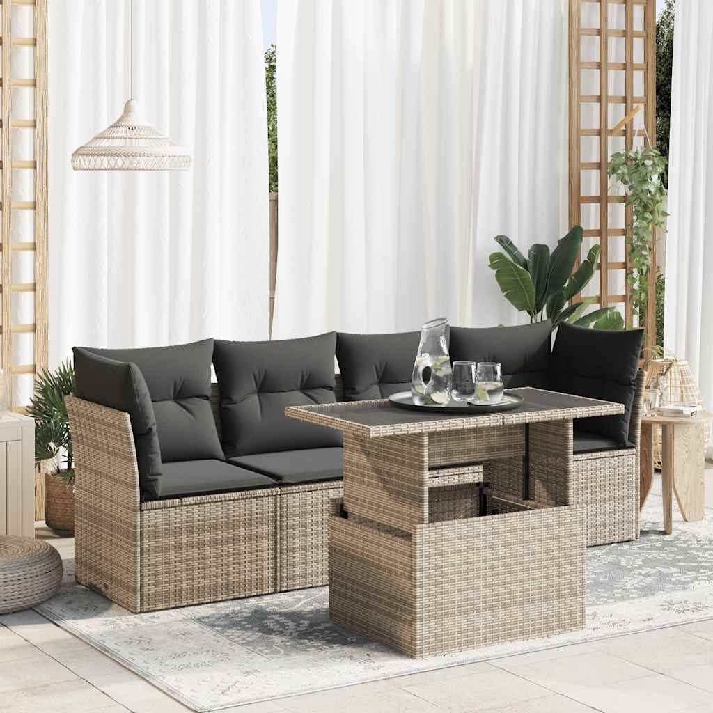 5-piece garden sofa set with cushions, grey poly rattan