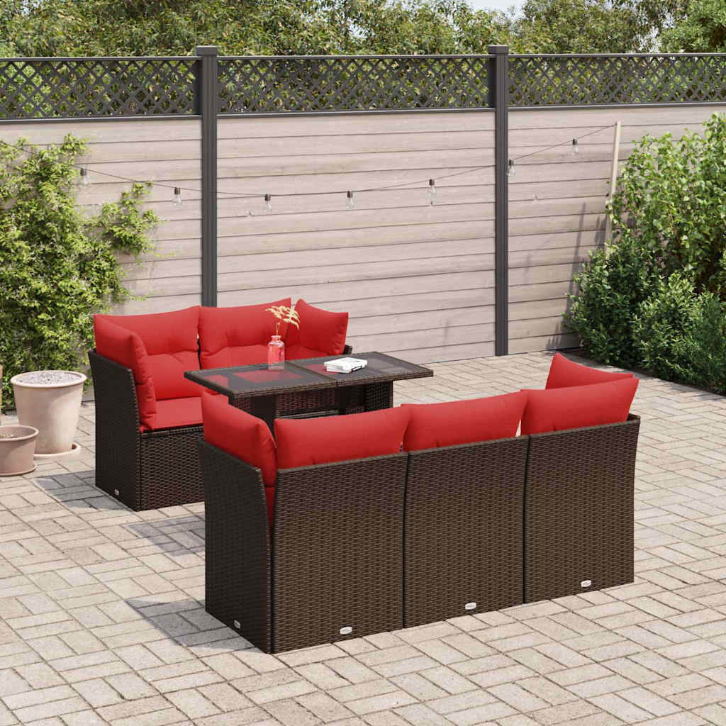 6-piece garden sofa set with cushions, brown, poly rattan, acacia