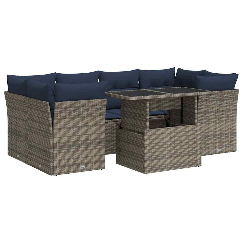 7-piece garden sofa set with cushions, grey, poly rattan, acacia