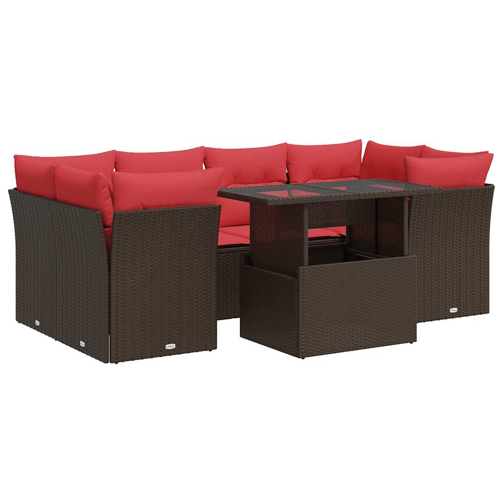 7-piece garden sofa set with cushions, brown, poly rattan, acacia