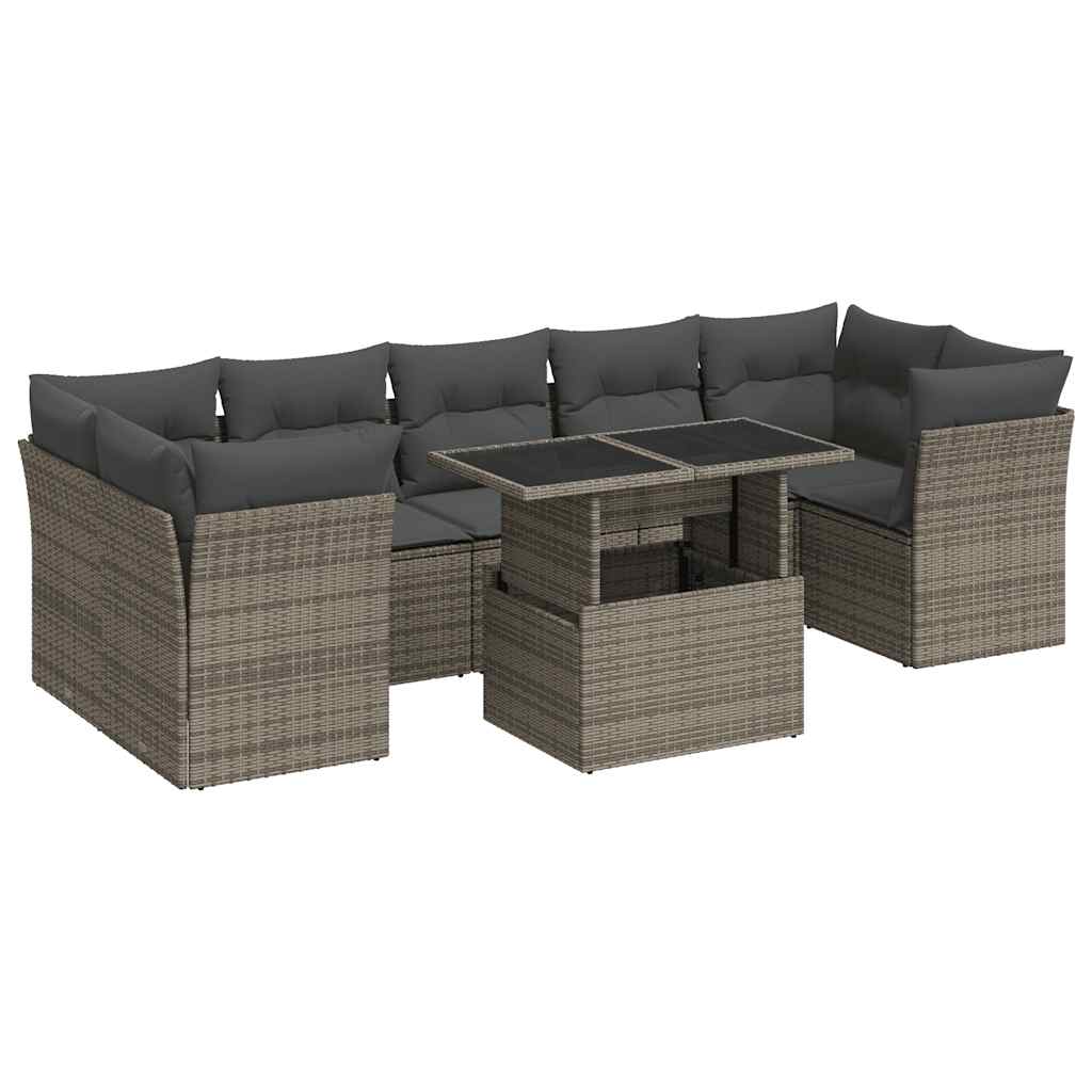 8-piece garden sofa set with cushions, grey poly rattan