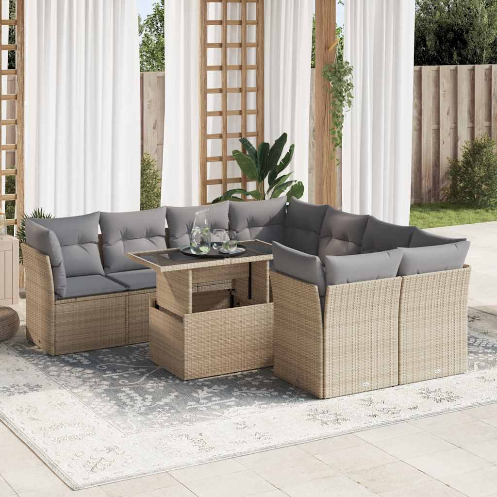9-piece garden sofa set with cushions, beige poly rattan