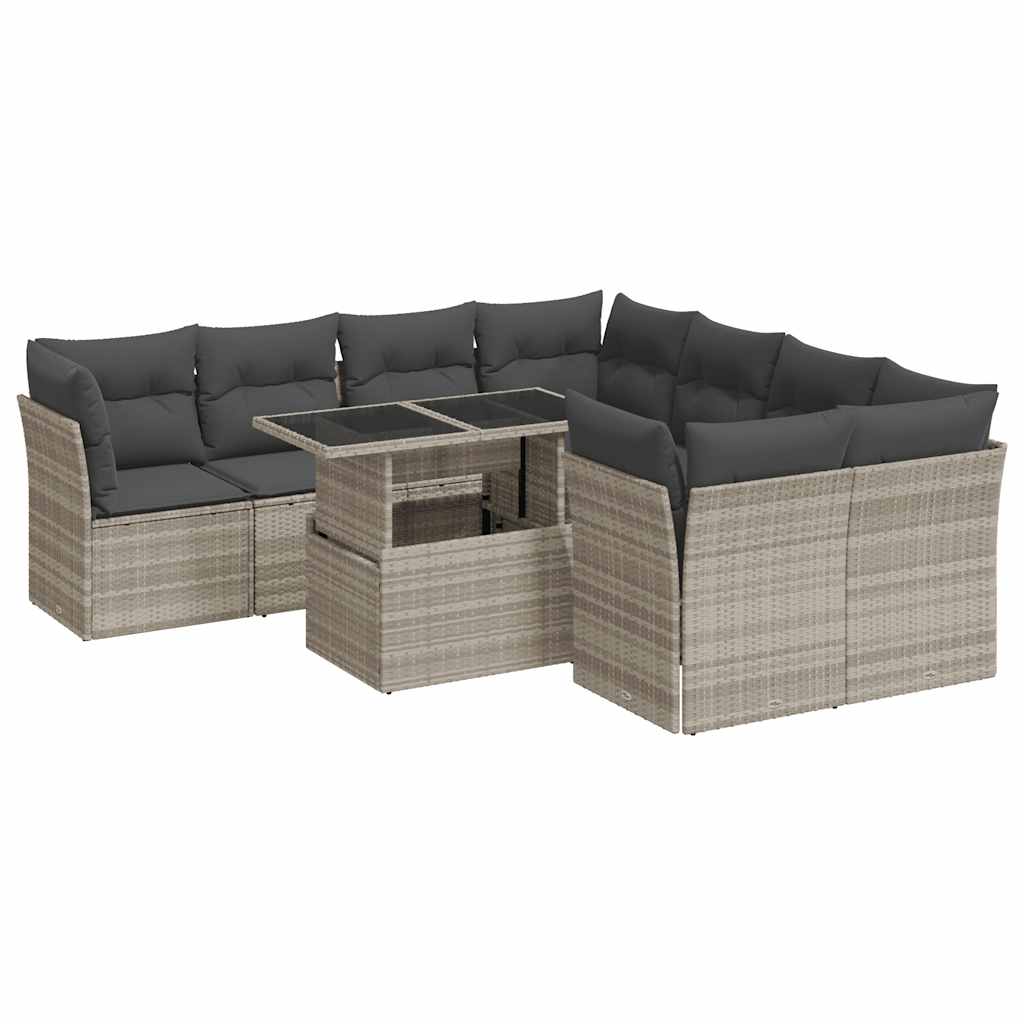 9-piece garden sofa set with cushions, light grey poly rattan