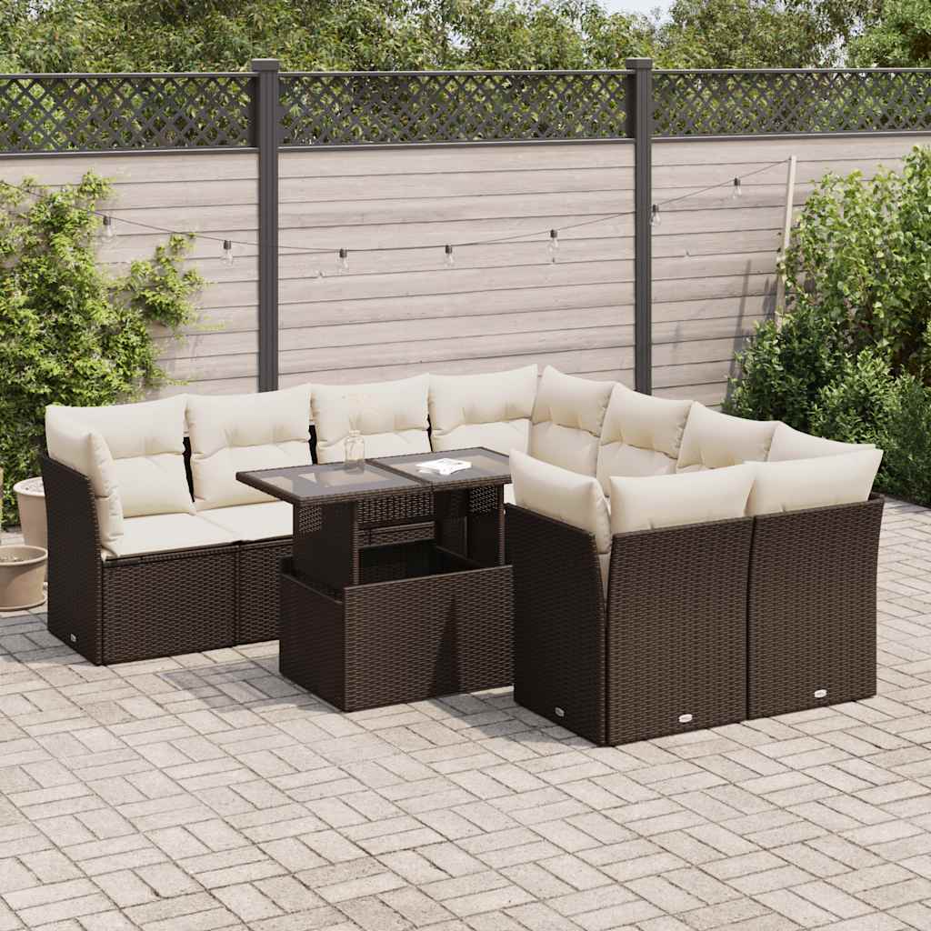9-piece garden sofa set with cushions, brown poly rattan