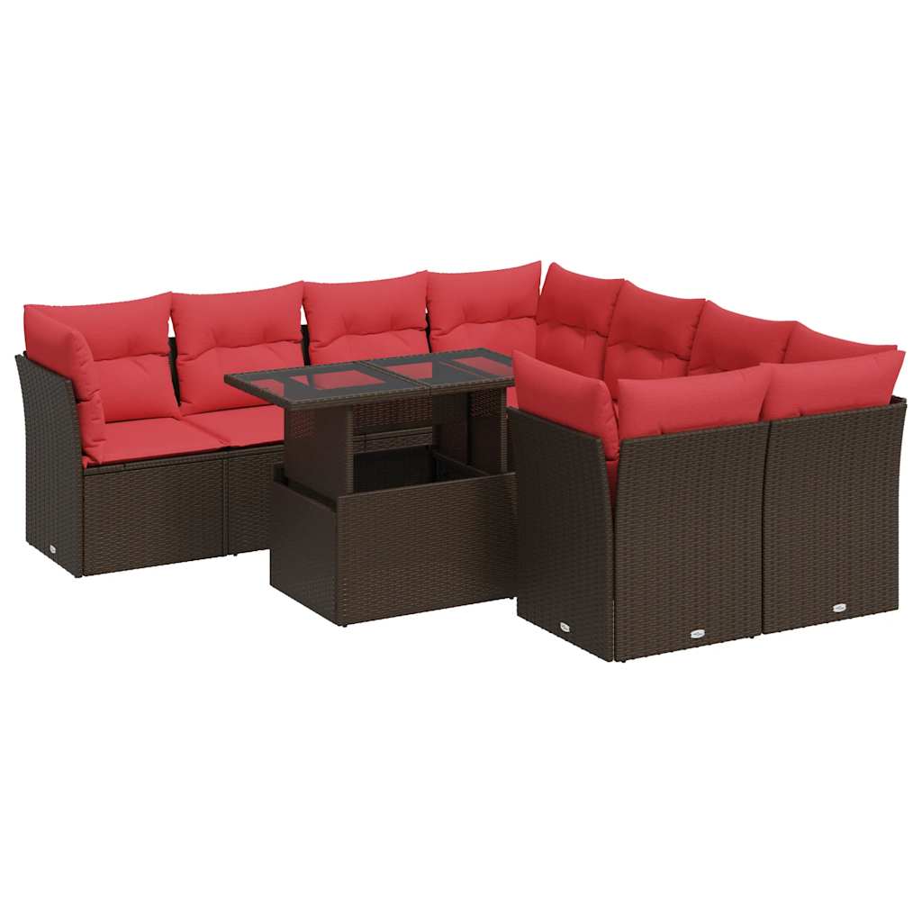 9-piece garden sofa set with cushions, brown, poly rattan, acacia