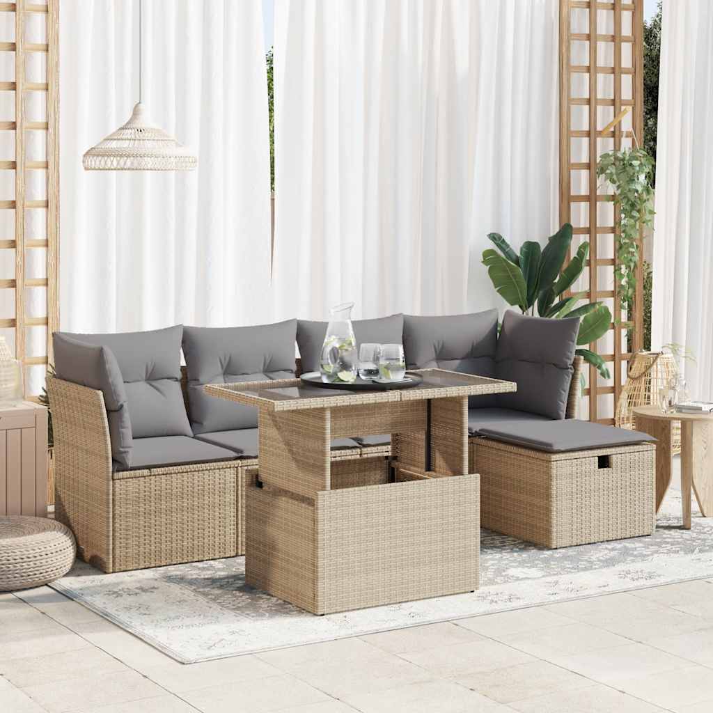 6-piece garden sofa set with cushions, beige poly rattan