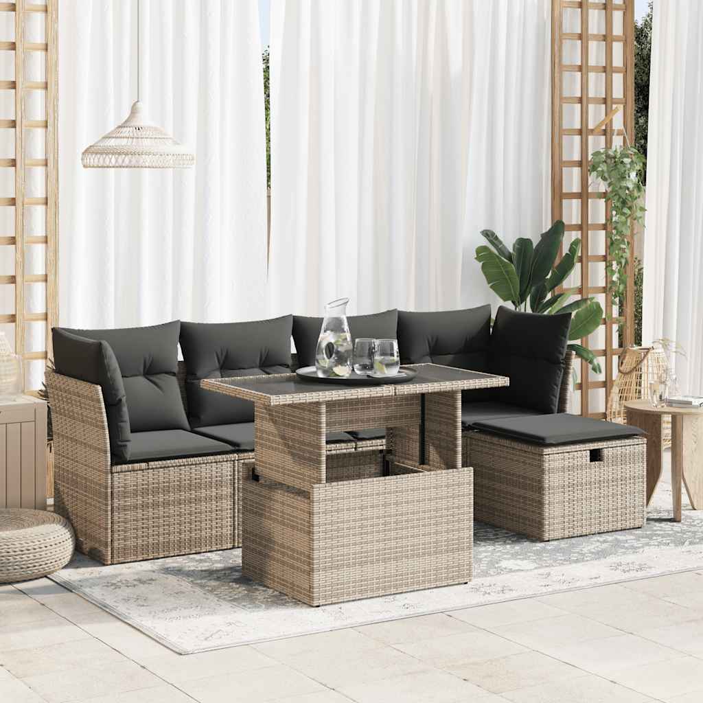 6-piece garden sofa set with cushions, grey poly rattan