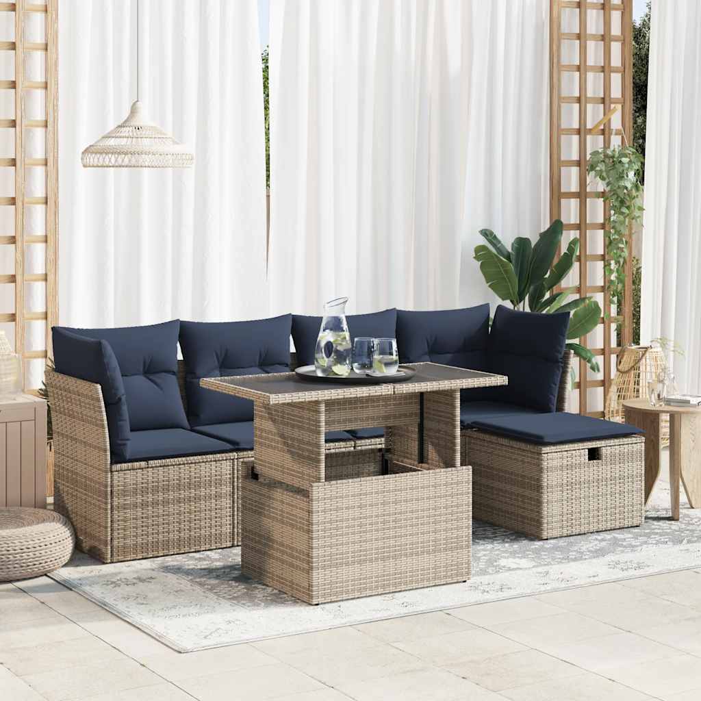 6-piece garden sofa set with cushions, grey, poly rattan, acacia