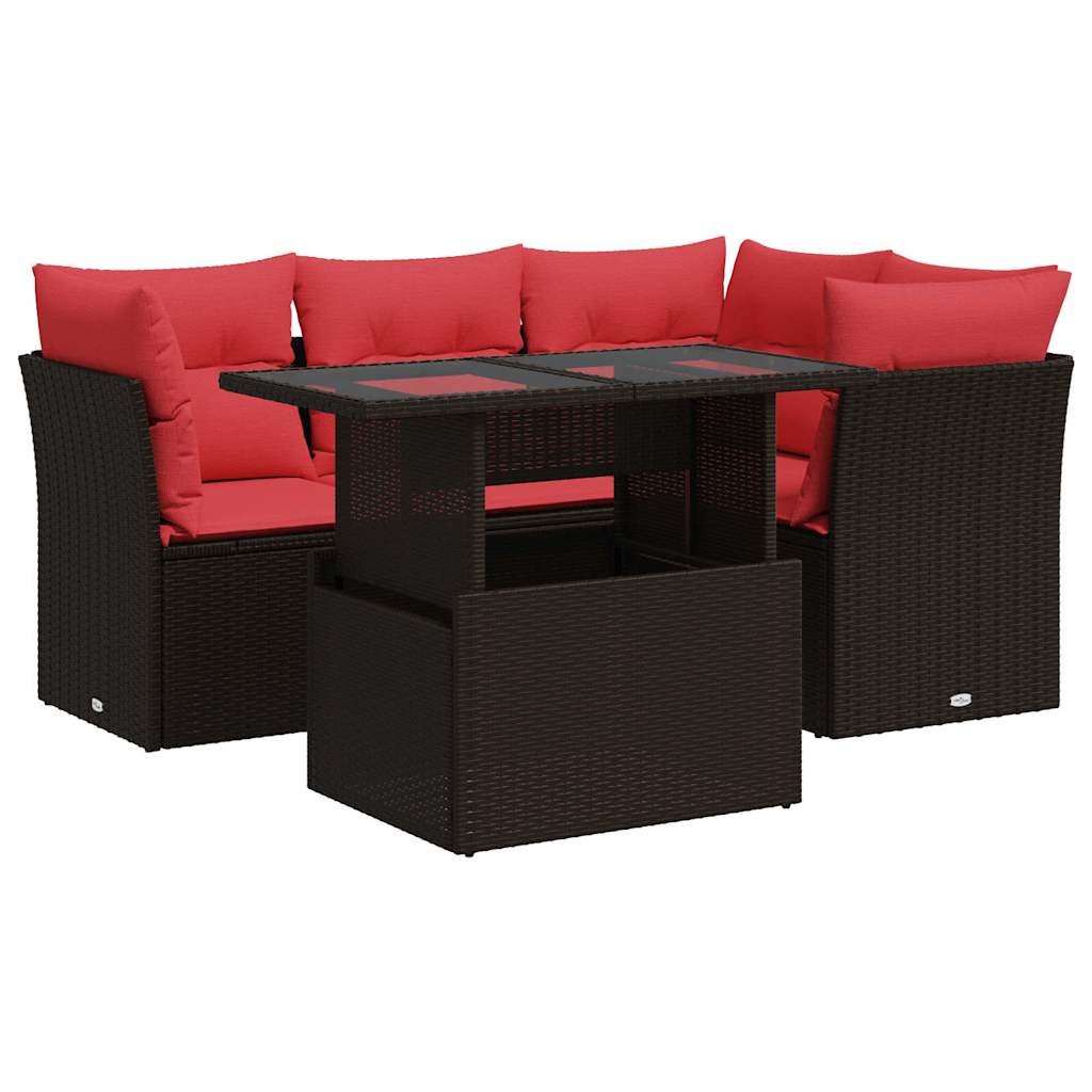 5-piece garden sofa set with cushions, brown, poly rattan, acacia