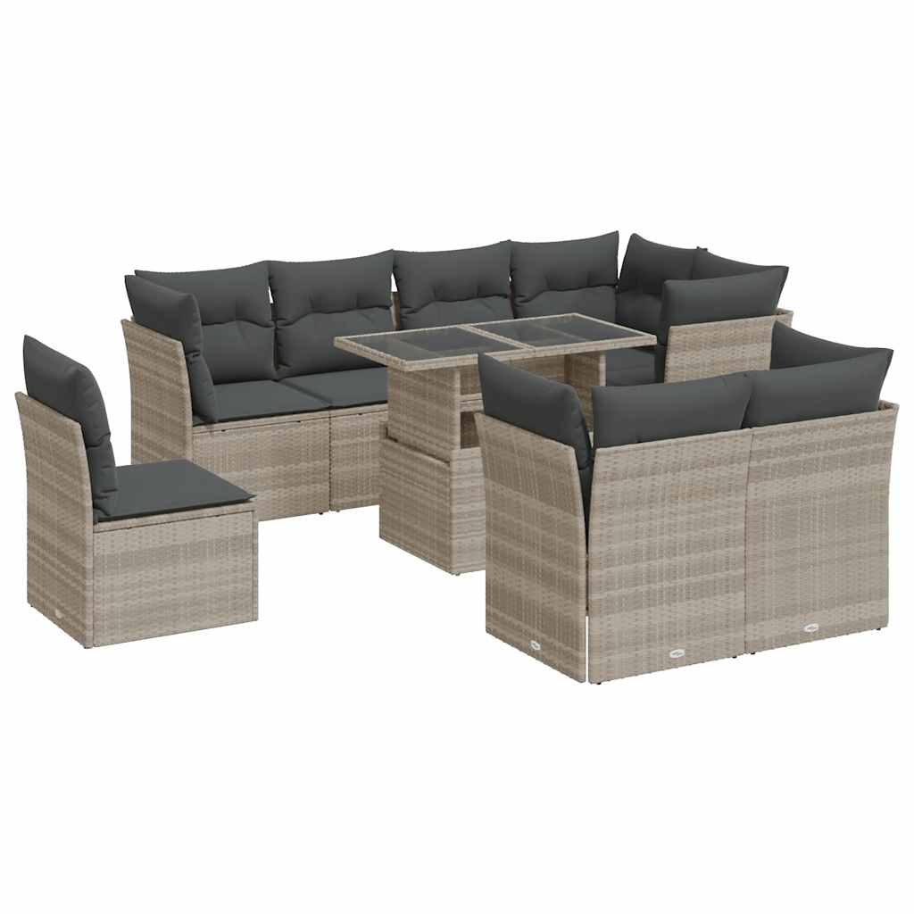 9-piece garden sofa set with cushions, light grey poly rattan