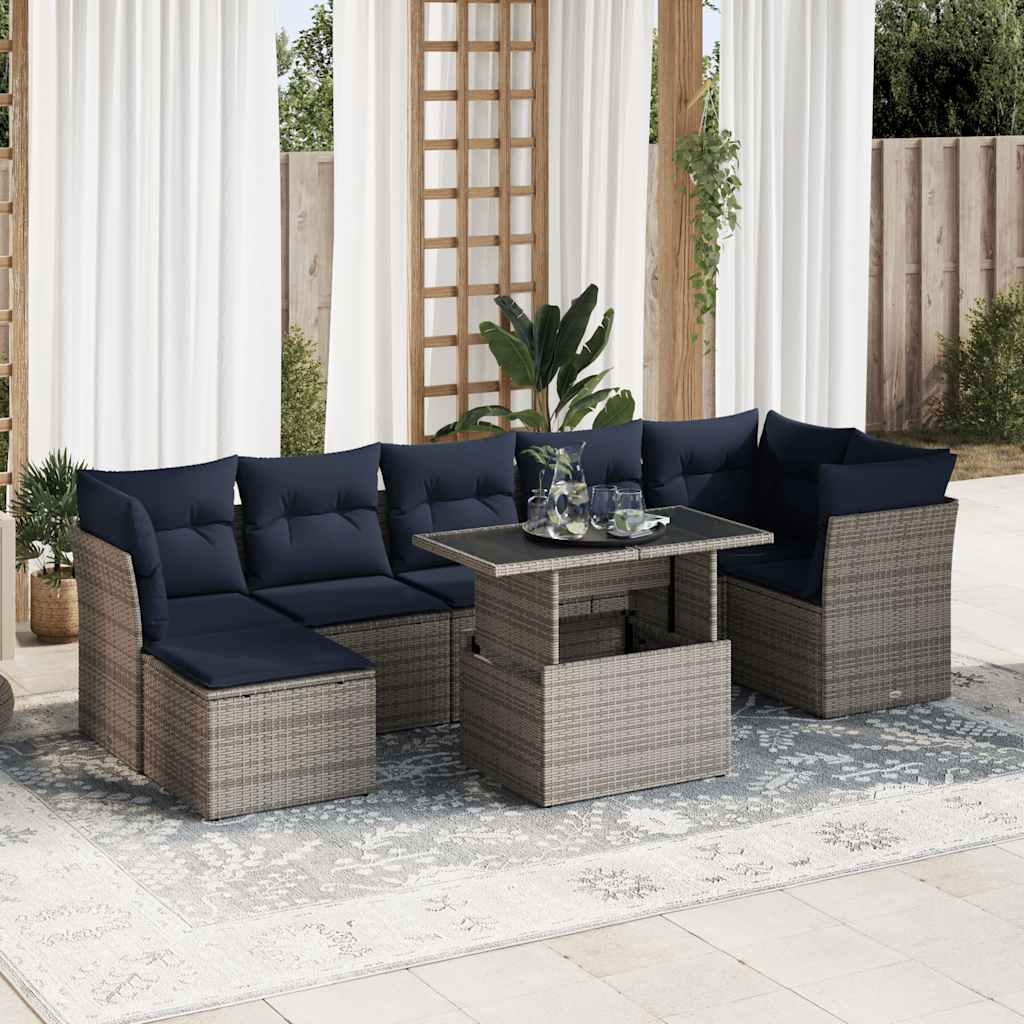 7-piece garden sofa set with cushions, grey, poly rattan, acacia