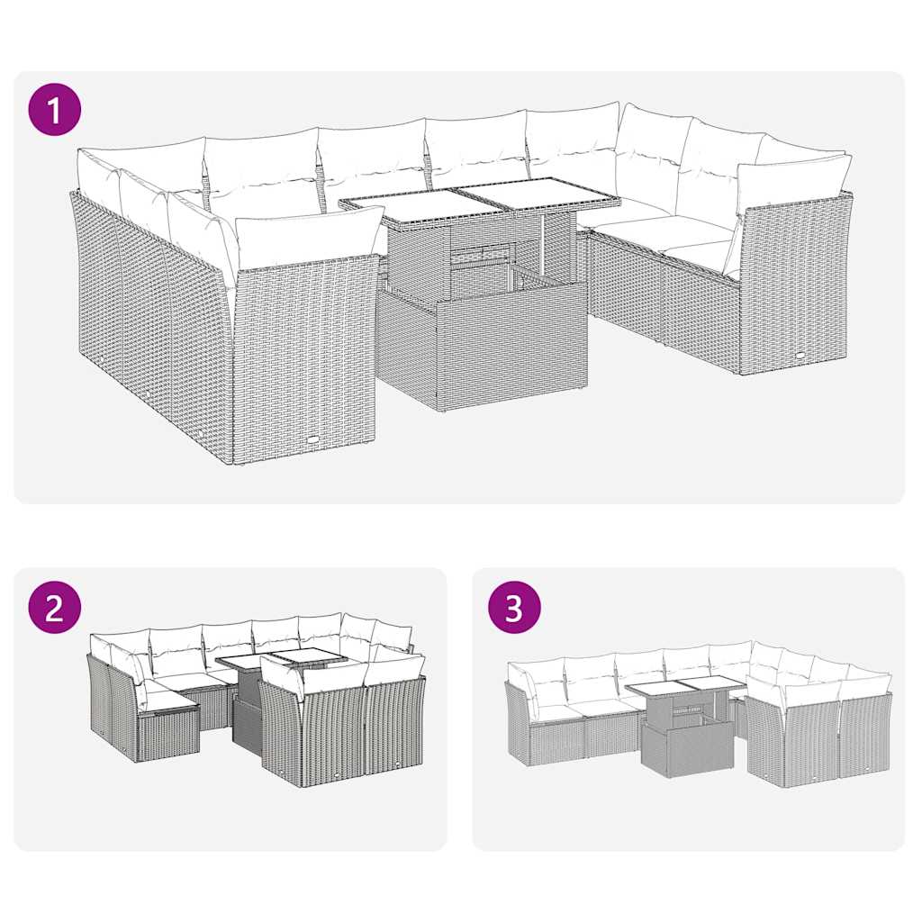 10-tlg. Garten-Sofagarnitur mit Kissen Grau Poly Rattan Akazie