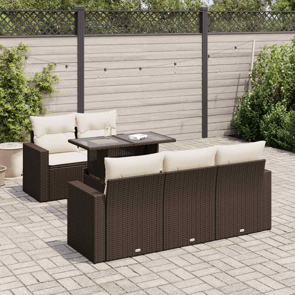 6-piece garden sofa set with cushions, brown poly rattan