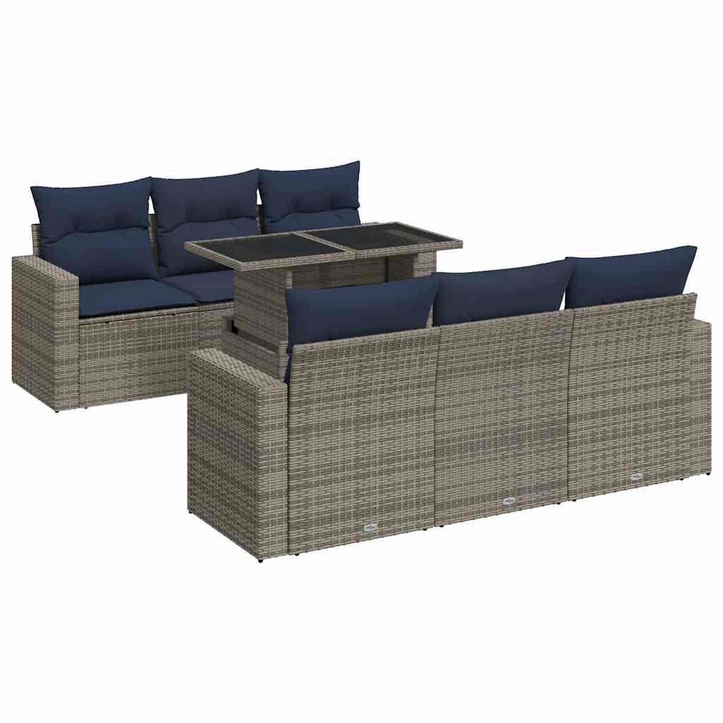 7-piece garden sofa set with cushions, grey, poly rattan, acacia