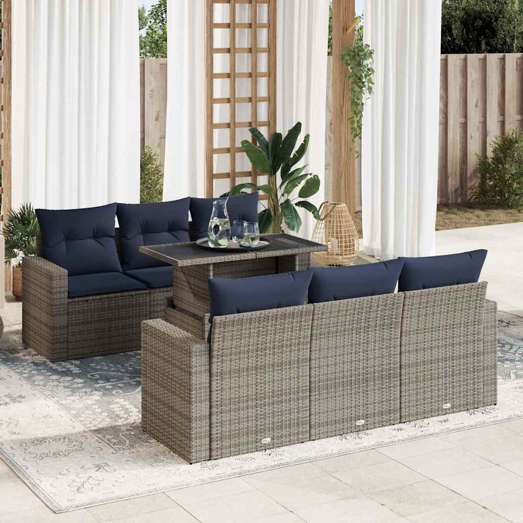 7-piece garden sofa set with cushions, grey, poly rattan, acacia