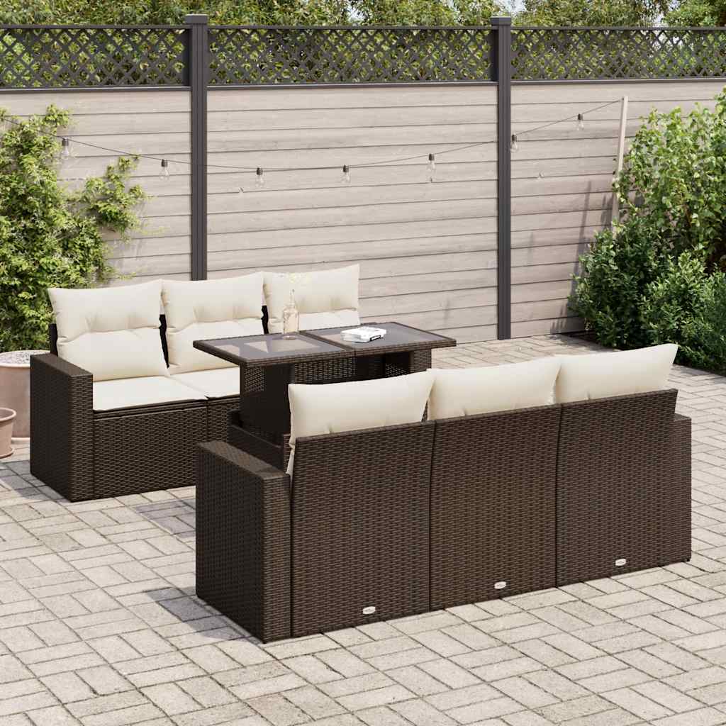 7-piece garden sofa set with cushions, brown poly rattan