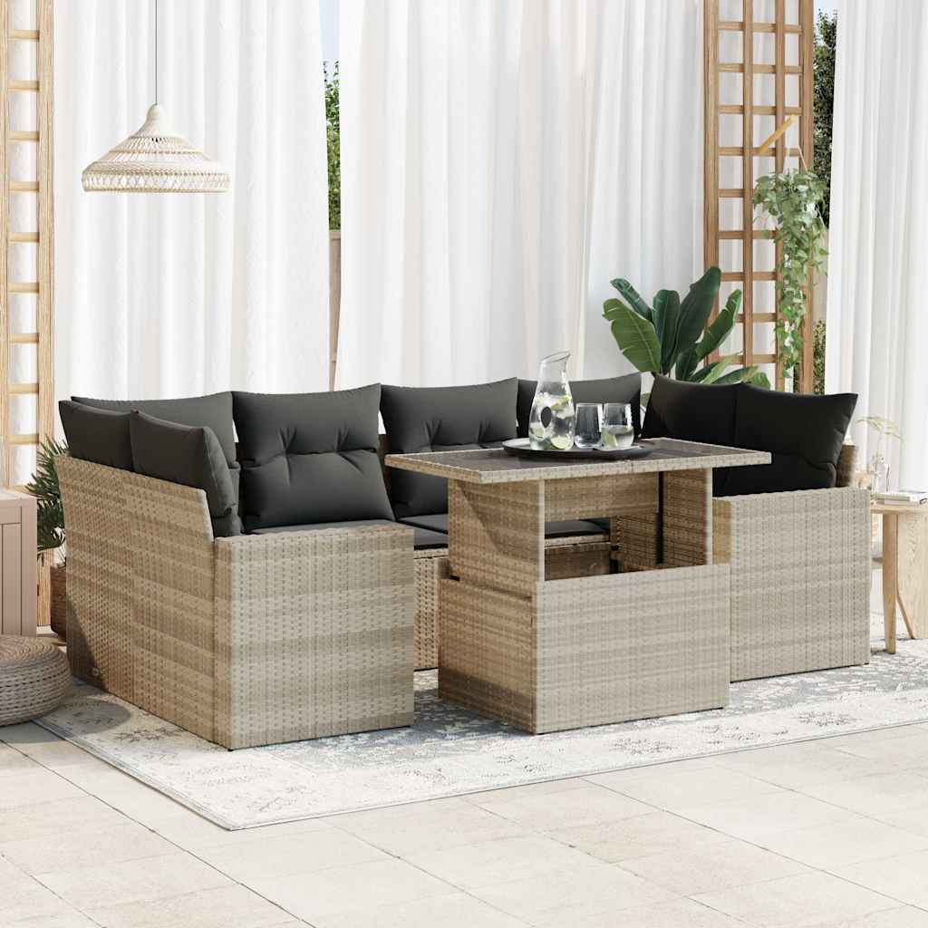 7-piece garden sofa set with cushions, light grey poly rattan