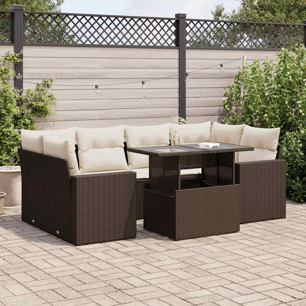 7-piece garden sofa set with cushions, brown poly rattan