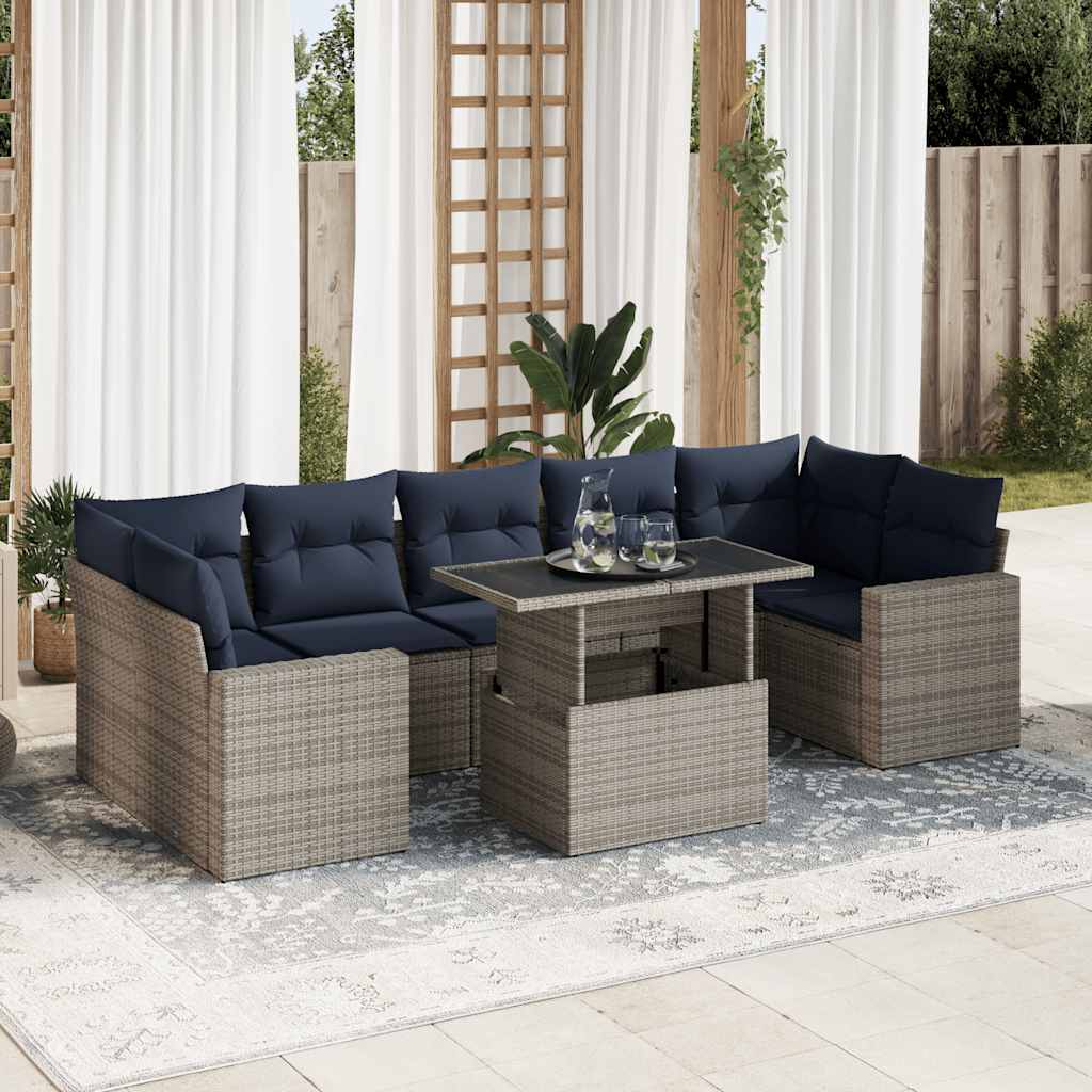 8-piece garden sofa set with cushions, grey, poly rattan, acacia