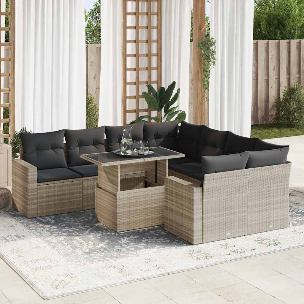 9-piece garden sofa set with cushions, light grey poly rattan