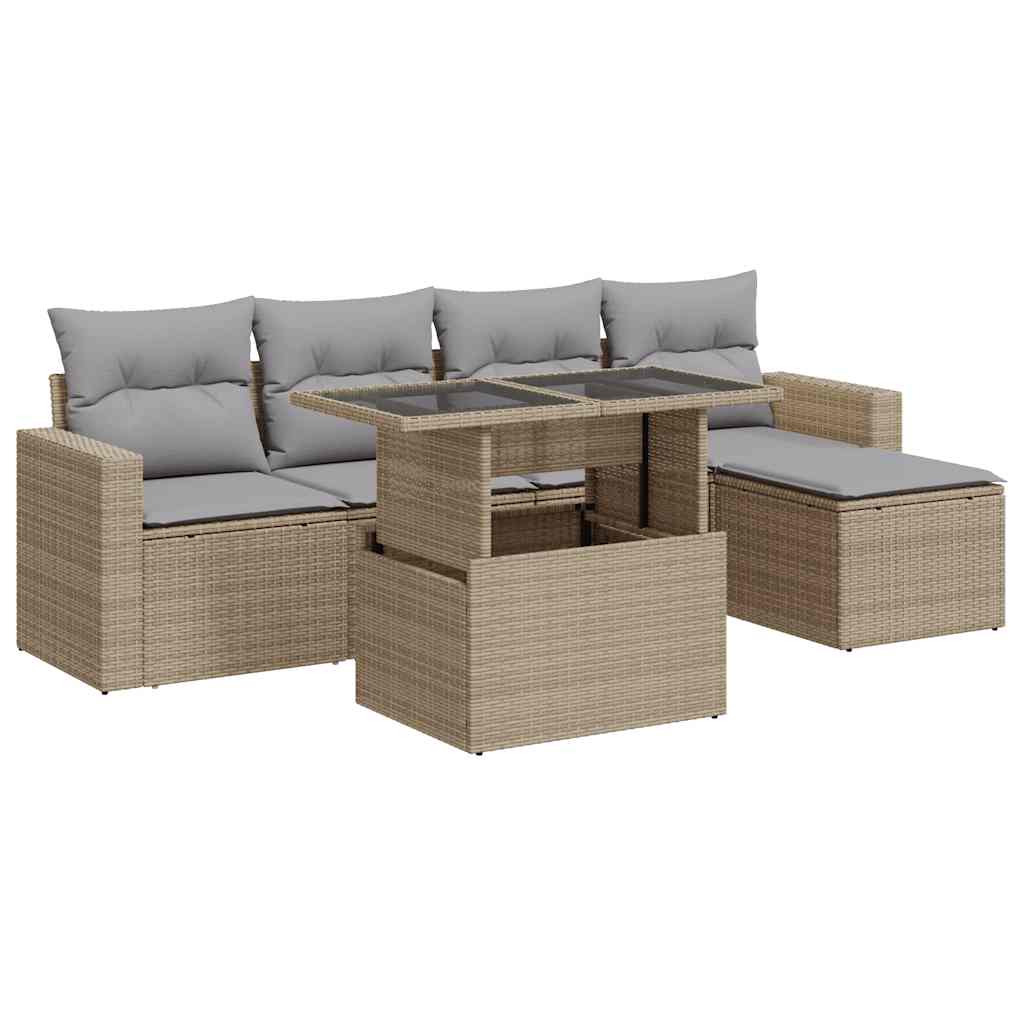 6-piece garden sofa set with cushions, beige poly rattan
