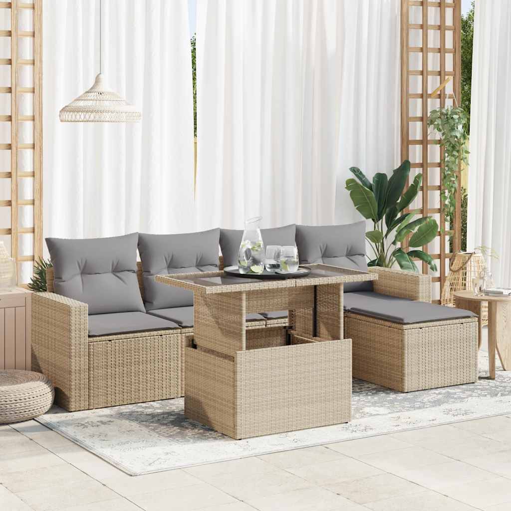 6-piece garden sofa set with cushions, beige poly rattan