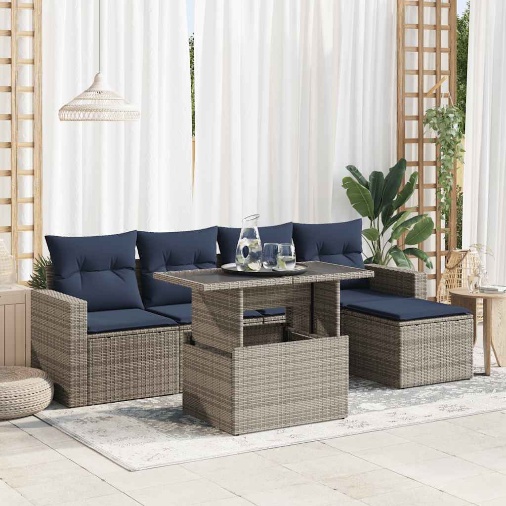 6-piece garden sofa set with cushions, grey, poly rattan, acacia