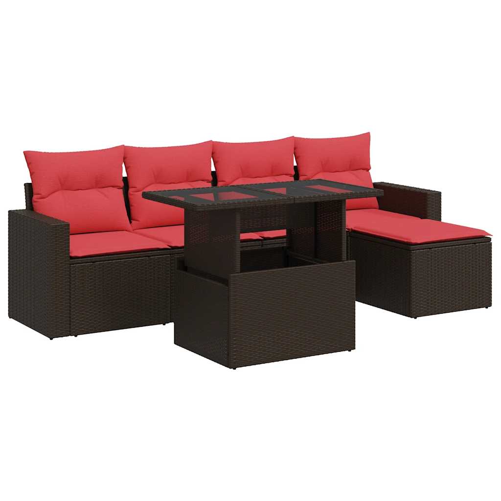 6-piece garden sofa set with cushions, brown, poly rattan, acacia